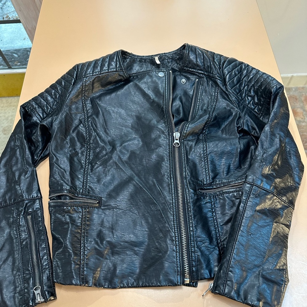 Black faux leather moto jacket